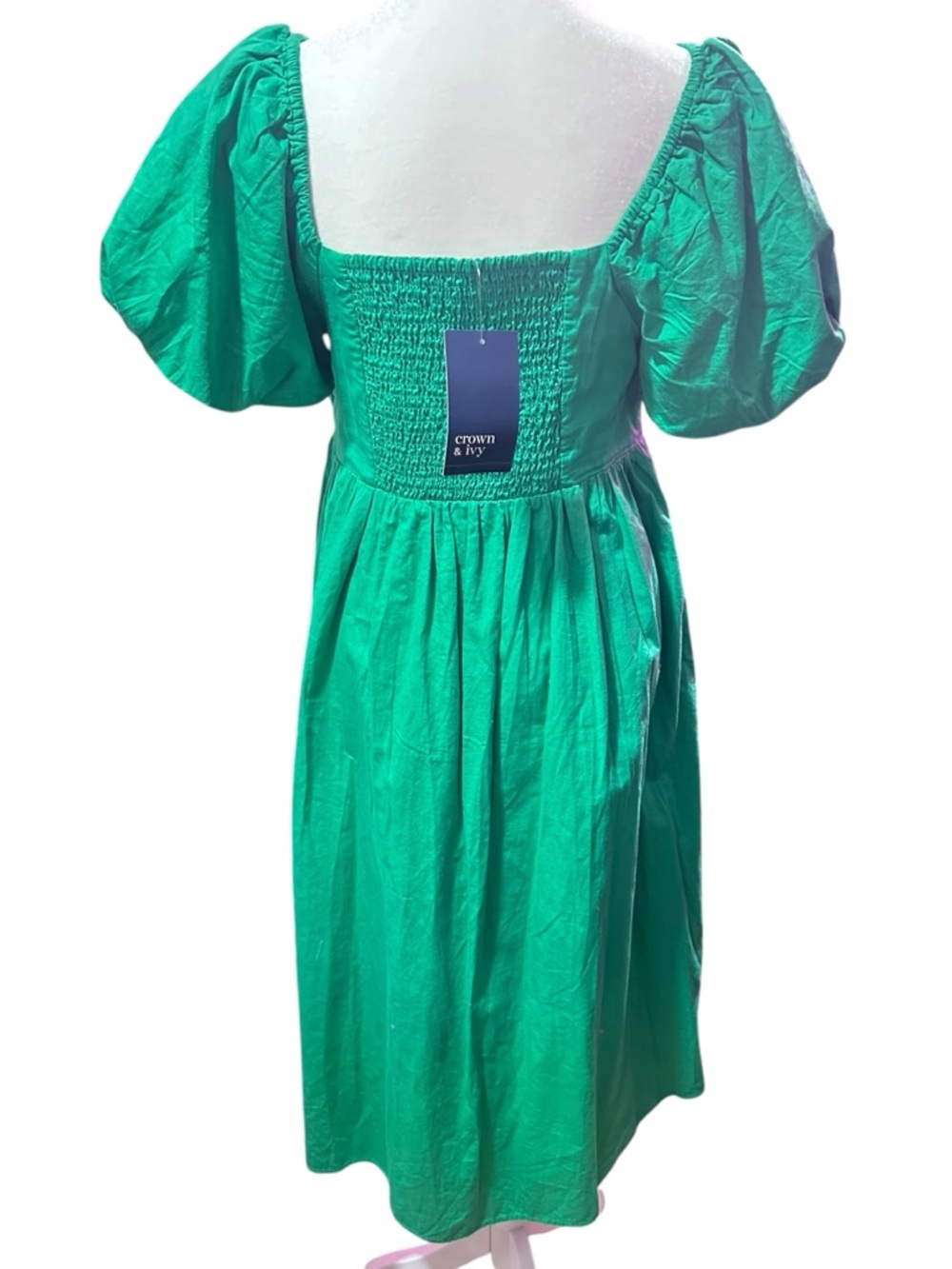Crown & Ivy Green Cotton Smocked Puff Sleeve Midi Dress Cottagecore Sz S - Picture 4 of 5
